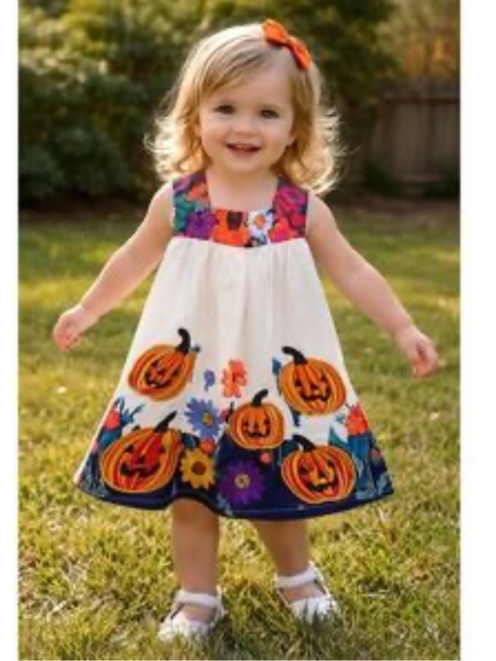 Cream Pumpkin & Floral Halloween Dress for Kids